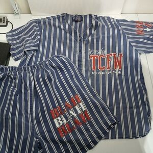 Vintage Women's Navy & White ESLEEP Boxer Pajama Set - Size Large - Very Soft